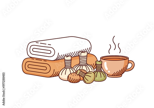 Illustration of spa essentials including rolled towels, herbal compress balls, and a steaming cup of tea for relaxation.