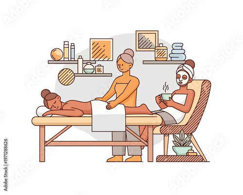 Illustration of women relaxing and getting pampered with beauty treatments at a spa salon.