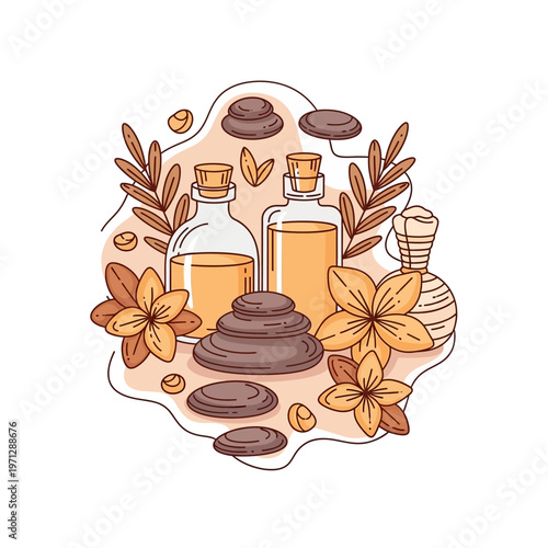 Aesthetic illustration of spa massage stones, essential oils, and flowers, evoking relaxation and wellness.