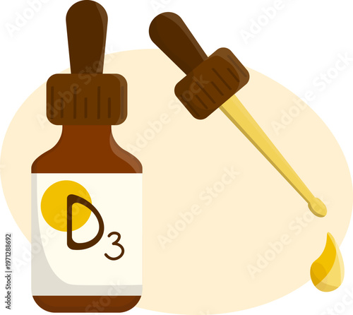 Hand drawn illustration of a brown glass bottle of Vitamin D3 liquid supplement featuring a sun label and a dropper with a golden oil drop. Wellness graphic for healthcare and immune support content.