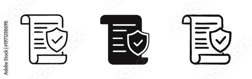 Secure document icon set. Policy, contract, and data privacy symbols with shield and checkmark.