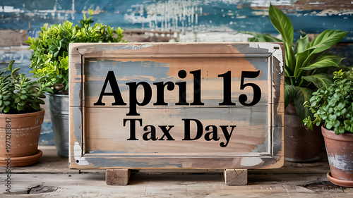 April 15 tax day message on rustic wooden sign board surrounded by green potted plants on vintage tabletop background representing annual income tax filing deadline for individuals