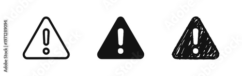Warning sign icon set. Triangular danger and alert symbol for caution and important information.