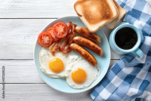 Hearty Traditional English Breakfast with Eggs, Bacon, and Black Coffee
