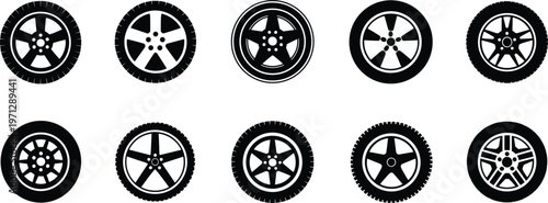 Car wheel icons collection, various tire and rim designs set, automotive vector illustration