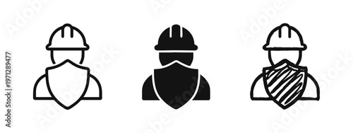 Occupational safety icon set. Worker with hard hat and shield symbol for protection and security.
