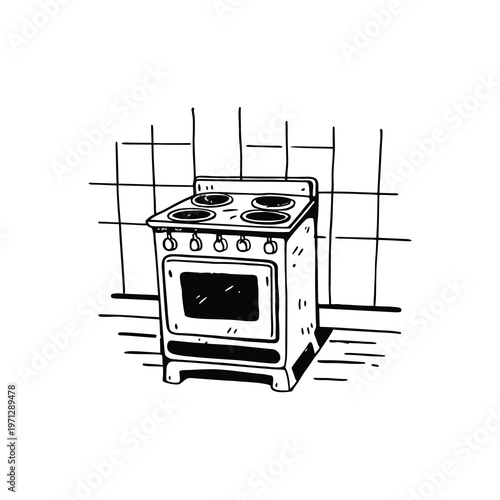 Retro cast iron stove with four burners and oven, hand-drawn illustration of vintage kitchen appliance.