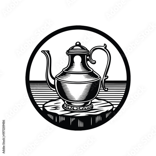 Ornate copper teapot with lid and handle, displayed on a wooden base within a circular frame.