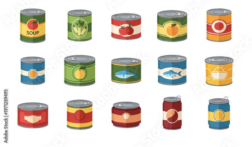 Canned food vector set with market product containers soup vegetable and fish tins