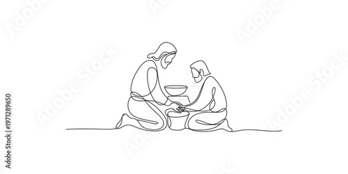 Continuous line drawing of two people washing feet in a bowl one single simple minimalist
