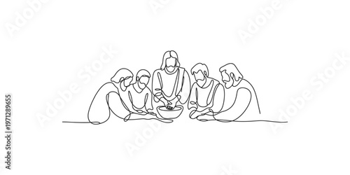 Continuous line drawing of people gathered around a bowl sharing food together gathering group communal