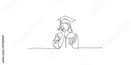 Continuous line drawing of young woman in graduation cap thinking adult female person graduate gown
