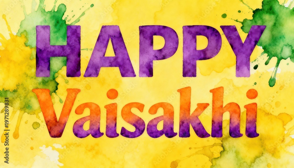 Obraz premium Happy Vaisakhi greeting with vibrant watercolor splashes and gradient text