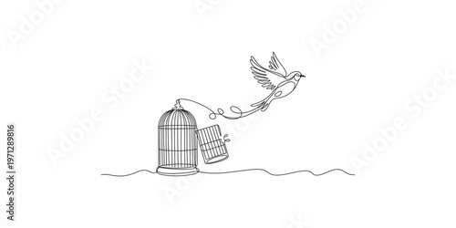 Bird flying away from an open birdcage in a simple line drawing style freedom flight