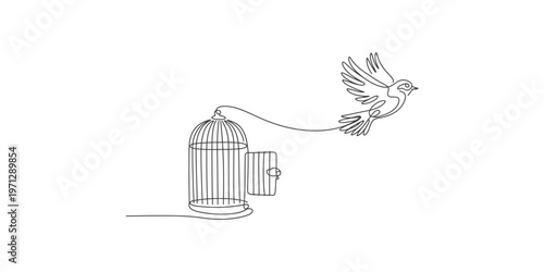 Bird flying away from an open birdcage in a simple line drawing style freedom flight
