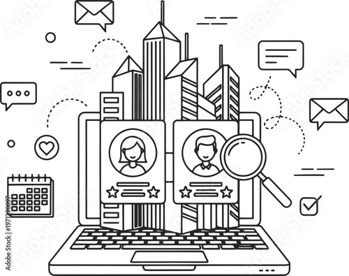 Multitasking businessman juggling work tasks, entrepreneur managing business responsibilities, office professional balancing laptop and store icons