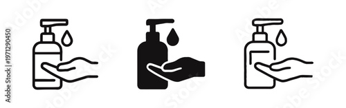 Hand sanitizer icon set. Hand receiving liquid soap from a dispenser, symbolizing hygiene and health.