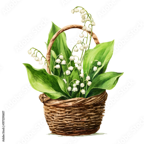 Lily Of The Valley Basket watercolor drawing vector, premium quality illustration on a clean white background.