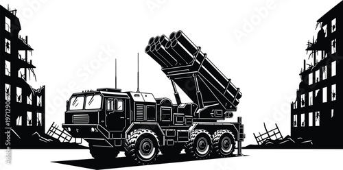 Black and white vector illustration of military rocket launcher vehicle in war zone, urban destruction background, conflict devastation, six wheels, antennas, collapsed buildings