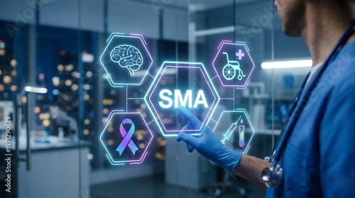 Concept of SMA Spinal Muscular Atrophy. Genetic Disease SMA Innovative Modern Medicine Diagnosis. ai