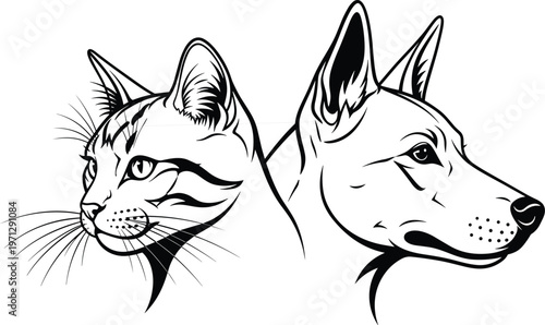 Cat and dog head illustration, black and white line art showing detailed fur patterns, whiskers, upright ears, stylized vector drawing for pet design content