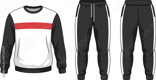 Tracksuit clothing set with sweatshirt and jogger pants, casual sportswear outfit in flat vector illustration style