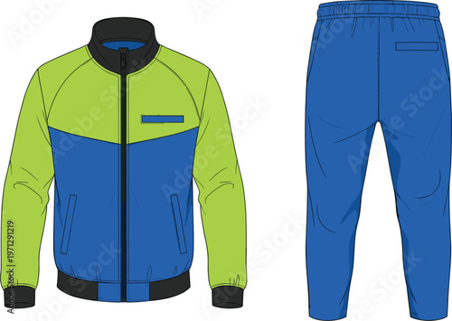 Sports tracksuit outfit with jacket and pants, athletic clothing set in modern casual style flat vector illustration