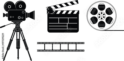 Film production icon set with camera, clapperboard, reel and film strip, cinema equipment black vector illustration collection