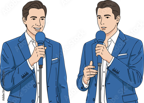 Male presenter speaking with microphone set, public speaking and communication concept, business man vector illustration collection