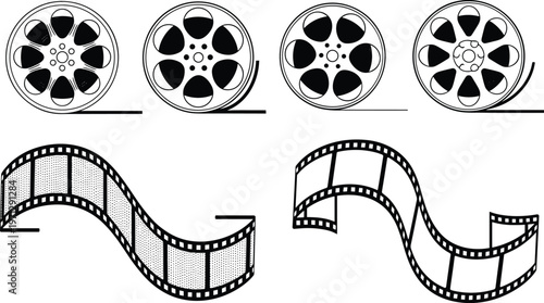 Film reel and strip icon set with cinematic elements, movie production symbols in outline and solid vector illustration