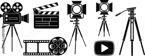 Film production equipment set with cameras, tripods, lights, clapperboard and film reel, cinema vector illustration collection