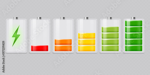 Collection of multicolored glass batteries or accumulators with varying energy levels, isolated on a light background. Vector 3D illustration.