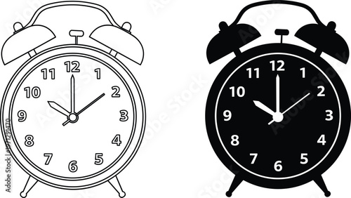 Classic twin bell alarm clocks, black outline drawing, solid silhouette vector illustration, timepiece design artwork, vintage clock concept, lifestyle element, decorative composition