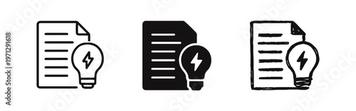 Idea document icon set. File paper with light bulb, symbolizing innovative ideas, intellectual property, or creative project.