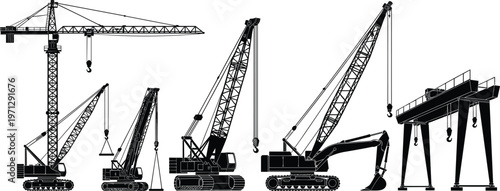 Construction crane silhouettes, tower crane vector, crawler crane illustration, gantry crane lifting 