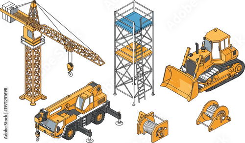 Construction equipment vector illustration, tower crane, mobile crane truck, bulldozer, scaffolding tower, winches, building machinery, engineering tools, industrial site equipment