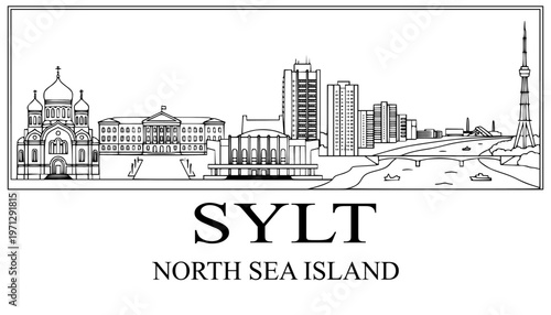 Cityscape of island Sylt with landmarks, silhouette of german sea resort, Westerland outline, vector ART LINE.