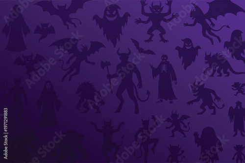 Halloween Seamless Pattern with Spooky Monster Silhouettes on Purple Background