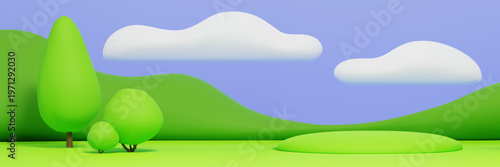 Cute 3D kids park background with green grass hills, blue sky with white fluffy clouds and podium stand. Cartoon children playground scene with trees, nature spring field landscape in plasticine style