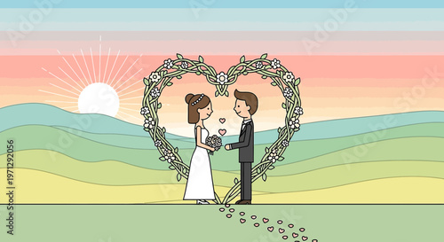 Wedding Couple Embrace Floral Heart Arch Sunset Landscape