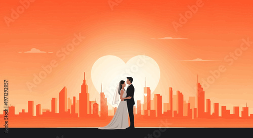 Wedding Couple Embrace Sunset Heart Skyline Cityscape Silhouette Love Romantic