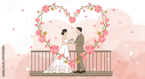 Wedding Couple Embraced by Floral Heart Arch