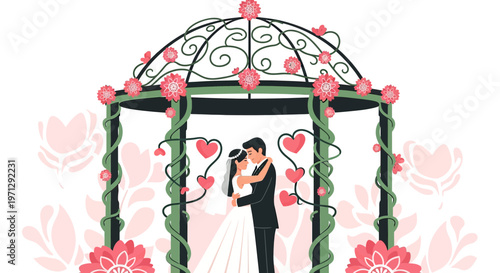Wedding Couple Embracing Under Romantic Gazebo with Hearts and Flowers