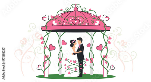 Wedding Couple Embracing Under Romantic Pink Gazebo with Hearts