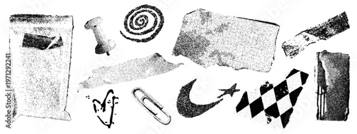 Grunge photocopy set of paper pin and clip, ripped notebook page, crime evidence bag, old dirty stickers, heart and spiral signs isolated on white background. Vintage vector realistic illustration
