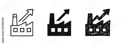 Industrial growth icon set. Factory building with an upward arrow, representing production increase and economic growth.