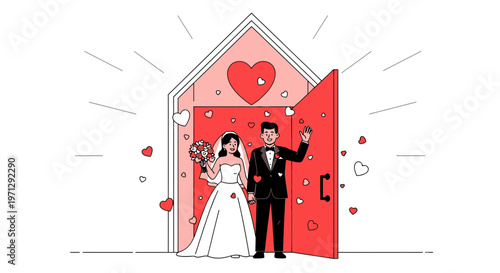 Wedding Couple Entering Home Portal with Hearts and Love