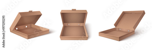 Open cardboard pizza box mockup, 3D realistic vector illustrations. Brown empty carton package, square blank template for pizzeria branding, food delivery service, craft take away packaging