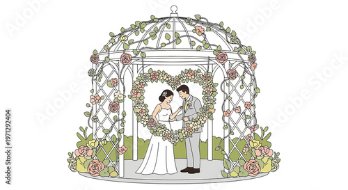 Wedding Couple Exchange Vows Inside Floral Gazebo Heart Arch
