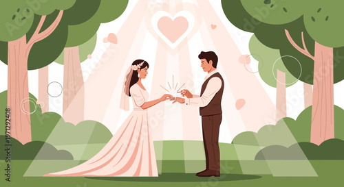 Wedding Couple Exchanging Rings Under Heart Arch in Nature